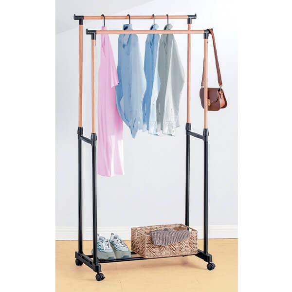 木目調伸縮2段ハンガーラック