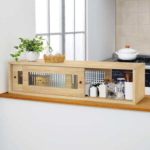 格子ガラスのカウンター上収納 幅90cm