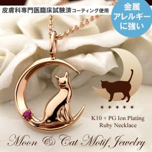 【期間限定SALE】猫 月モチーフ ルビー  ネックレス K10 / TITAN チタン (耐金属アレルギーコーティング ) アレルギーフリー 7月の誕生石｜e-housekiya