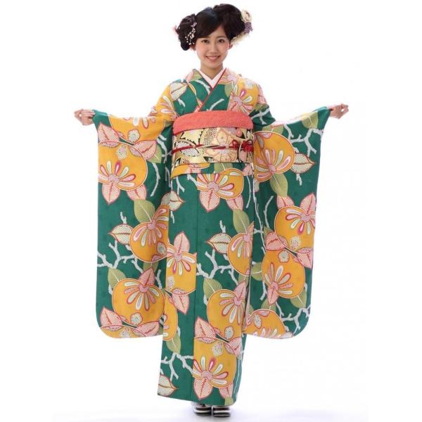 振袖レンタル （2月〜12月）グリーン地 17号〜23号 大きいサイズ LL 3L  結婚式  卒業...