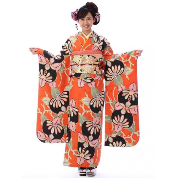 振袖レンタル（2月〜12月）オレンジラメ地 ゆったりサイズ 大きいサイズ LL 3L  結婚式  卒...