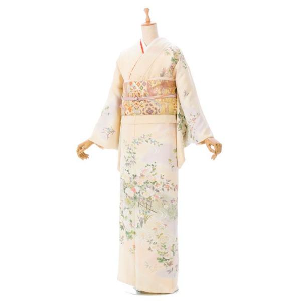 2L786 正絹|四季草花柄の訪問着フルセット(イエロー・オレンジ系)|訪問着・付下げ(普通サイズ）