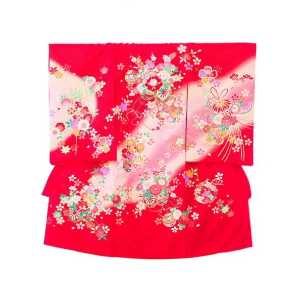 お宮参り 赤ちゃん着物|赤 花車に花薬玉|宮参り着物フルセット(赤系) HAMA015