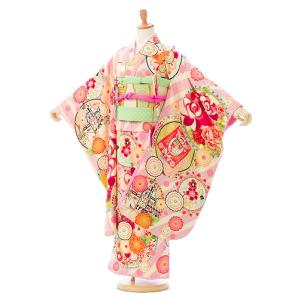 子供用 ピンク 花柄 着物 七五三 着物 7歳 ピンク薔薇 ハート柄の七五三着物レンタルフルセット（ピンク