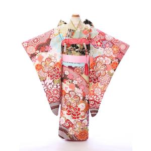 着物 7歳 ピンク薔薇 ハート柄の七五三着物レンタルフルセット（ピンク