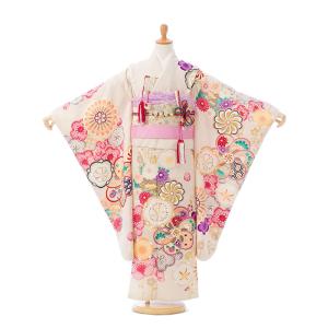 着物 7歳 ピンク薔薇 ハート柄の七五三着物レンタルフルセット（ピンク