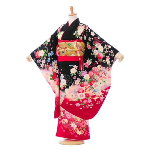 黒/赤地 鞠 雪輪 桜 七五三 7歳 女の子 七五三 着物 貸衣装 送料無料 七五三フルセット付 簡...
