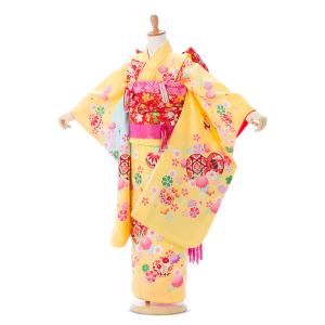 7-867 ブランド 椿姫 黄色/水色地 桜地紋に古典柄 七五三 7歳 女の子 着物 お揃い 七五三フルセット付 簡単な着せ方マニュアル付 結婚式