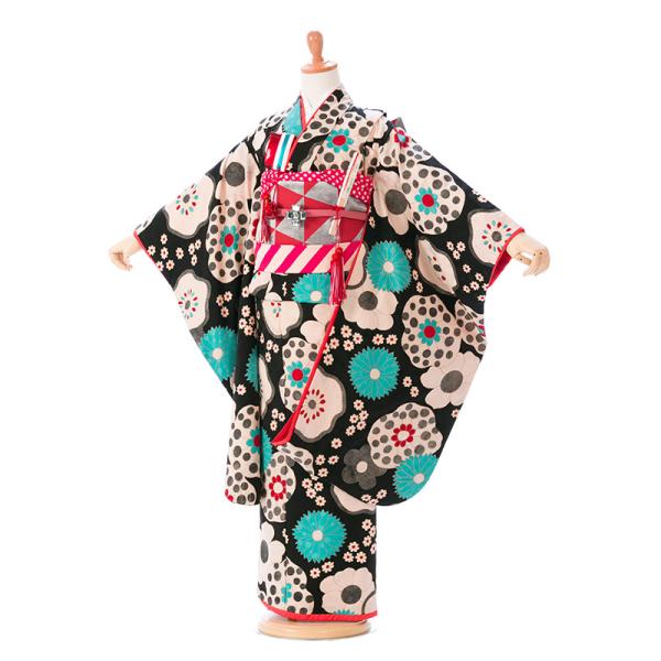 7-881 しずく×なぎさ モダンアンテナ 黒地 華紋 7歳 女の子 七五三 着物 貸衣装 往復送料...