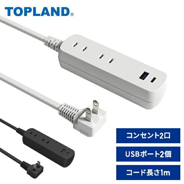 山善 PD対応 急速充電 USB Type-C 電源タップ 延長コード 2個口 安全 1m
