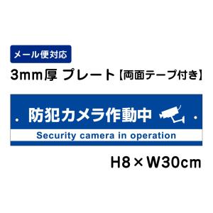【両面テープ付き】 防犯カメラ作動中 24H SECURITY SYSTEM （青地）/H8×W30cm プレート 看板プレート　商品番号：ATT-008-r｜e-netsign