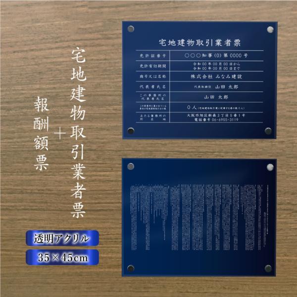 『 透明アクリル 紺青色 壁付けタイプ 』  宅地建物取引業者票＋報酬額票 ２点セット 業者票 おし...