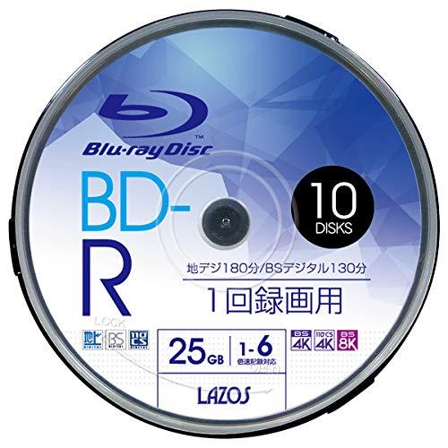 Lazos BD-R 25GB 1-6倍速対応 1回記録用 ホワイトワイド印刷対応 10枚組 スピン...