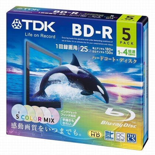 TDK 録画用ブルーレイディスク BD-R 25GB 1-4倍速 5色カラーミックス ワイドプリンタ...