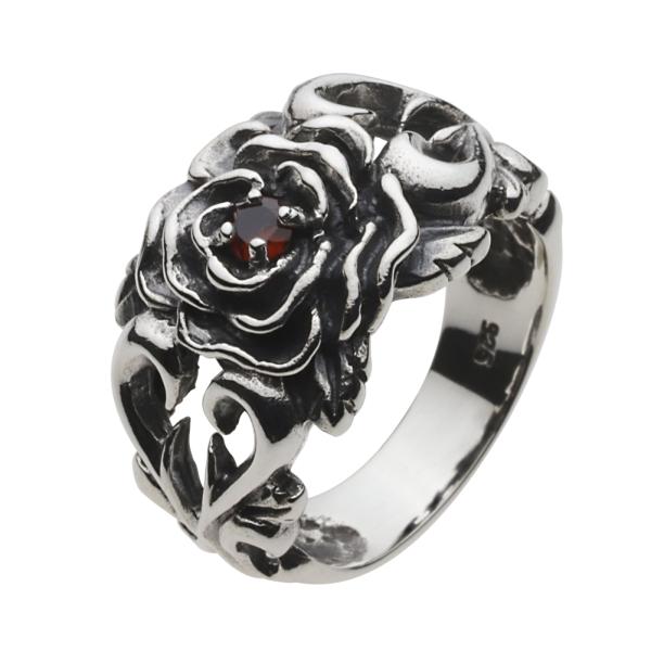 ガーネット シルバーリング 指輪 メンズ ローズ バラ 花 フラワー ハート 赤 石 誕生石 シルバ...