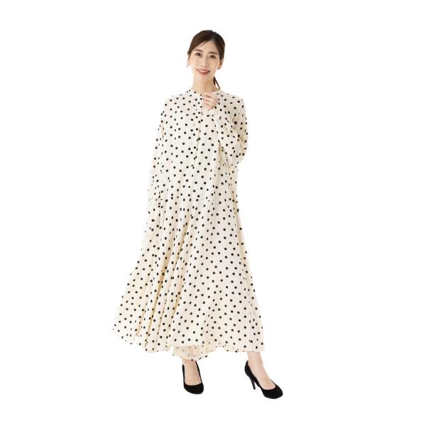 OMNES（オムネス） レーヨンバンドカラー裾フレアワンピース 長袖 ミモレ丈 ベージュドット