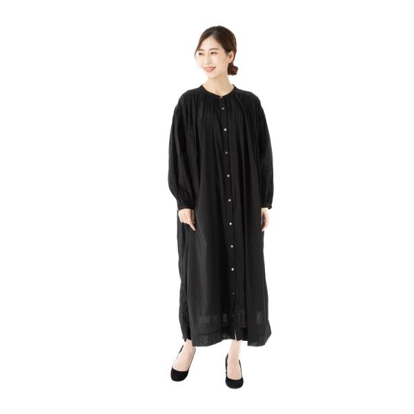 OMNES（オムネス） サイズＦ 長袖 無地 コットンボイル袖ボリュームギャザーワンピース ブラック