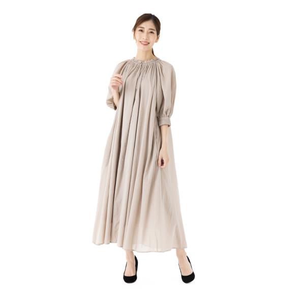 Bou Jeloud(ブージュルード)  サイズＦ 5分袖 無地 ミモレ丈 綿ボイルギャザーネックワ...