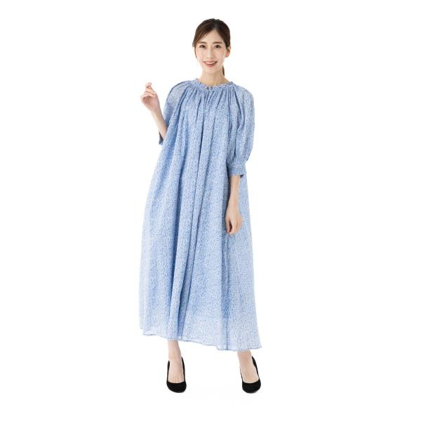 Bou Jeloud(ブージュルード)  サイズＦ 5分袖 総柄 ミモレ丈 綿ボイルギャザーネックワ...