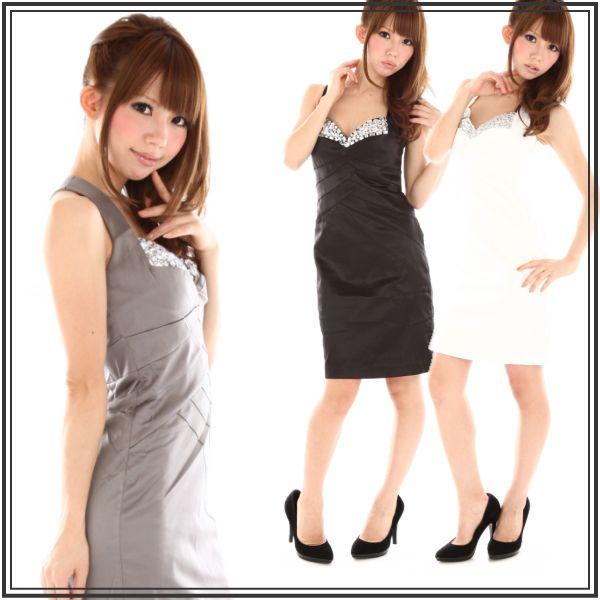 パーティードレス　雑誌掲載ドレス　胸元豪華ビジュー付ショートドレス ブラック シルバー ホワイト 結...