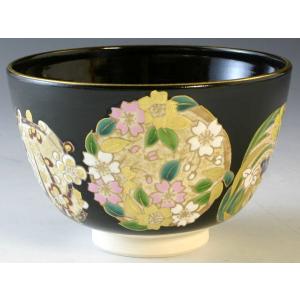 抹茶碗 黒塗花丸紋 ( 名入れ有料 茶道具 茶器 お稽古用 抹茶 清水焼 京