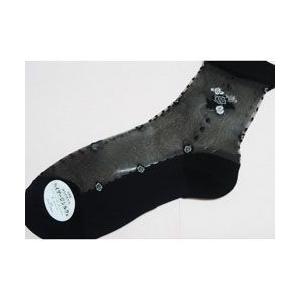 シースルーソックス シルク混 レディース ドットバラ柄 ブラック 22−24cm 日本製