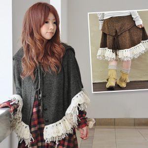 ◆ティアードウォームレースフリンジアレンジフードニットポンチョ▼毛糸/モヘア/フリルレース/2WAY/ニットケープ/フレア/スカート/2WAY/変形/羽織り/ガーリー