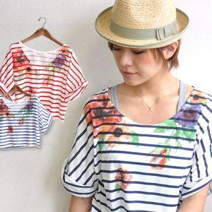 ◆テラスフラワーボーダーベリーショートドルマンスリーブカットソー▼ゆったり/ドルマンスリーブ/ショート丈/重ね着スタイル/ツイストされたロールアップ袖