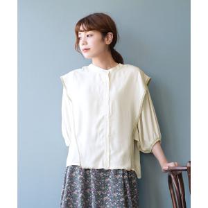 ブラウス レディース トップス シャツ 半袖 五分袖 パフスリーブ バンドカラー ゆったり バンドカラー パイピングブラウス