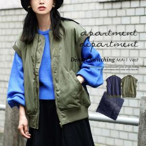 MA-1 ベスト レディース 春 春服 アウター ジャケット ノースリーブ ダウンベスト ライトアウター apartment department デニム切り替え MA-1ベスト｜e-zakkamania