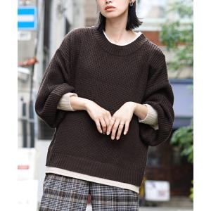 ニット 春 春服 レディース トップス ニットウェア プルオーバー カットソー 長袖 ボリューム袖 大きいサイズ フェイクレイヤード 配色ニット