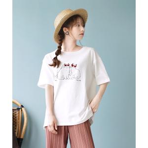 カットソー レディース 半袖 秋 ねこ トップス Tシャツ プルオーバー 五分袖 ロング 100％ ゆったり  Two cats プリントTシャツ｜e-zakkamania