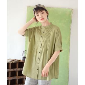 ブラウス 春 春服 レディース トップス シャツ ロング チュニック丈 半袖 大きいサイズ コットンピンタック バンドカラー ブラウス