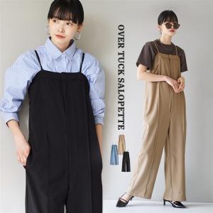 サロペット パンツ レディース ボトムス オーバーオール ズボン ロングパンツ 長ズボン ロング丈 膝下 オーバー タックサロペット｜e-zakkamania