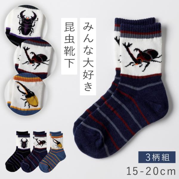 ソックス 靴下 キッズ 男の子  3足組 15-20cm 昆虫 メッシュ 夏 昆虫柄 子供 くつした...
