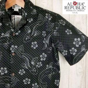 アロハシャツ ハワイ製 メンズ  アロハリパブリック 黒墨色/和柄・鯉・桜・扇柄 ブラック コットン