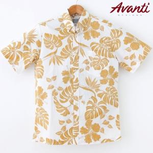 アロハシャツ ハワイ製 メンズ Avanti/アバンティ/リーフ・ハイビスカス柄/白・クラシックブラウン ボタンダウン/コットン/半袖シャツ