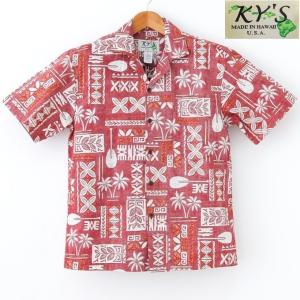 アロハシャツ ハワイ製 メンズ KY'S HAWAII TAPA幾何学模様柄/ワインレッド/裏生地 赤色・開襟・コットン生地｜earthdorops