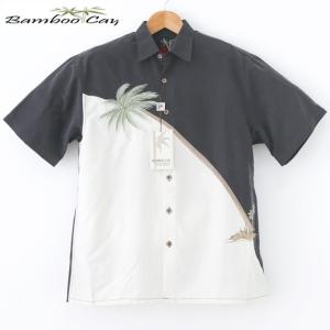 アロハシャツ Bamboo Cay バンブーケイ フォーマルブラック・クリームホワイト/椰子の木刺繍 黒・白 シルク風レーヨン素材・ポリ混毛 メンズ 大きいサイズ有
