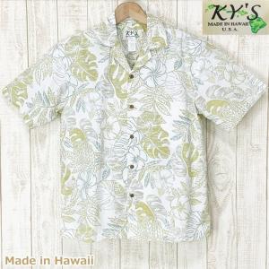 アロハシャツ ハワイ製 メンズ KY&apos;S HAWAII リーフ＆フラワー・裏生地　白緑・開襟・コット...