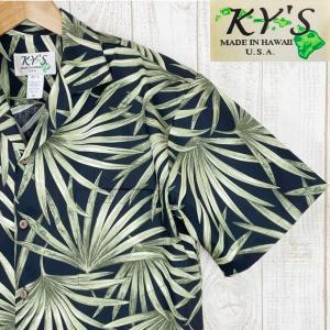 アロハシャツ ハワイ製 メンズ KY'S HAWAII ルルブラック・フォーマルリーフ柄 黒/緑・開襟・コットン/大きいサイズ有
