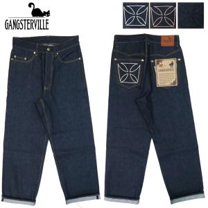 GANGSTERVILLE ギャングスタービル THUG DENIM WIDE"IRON CROSS"14oz デニム ワイド ジーンズ アイアンクロス 刺繍｜earthmarket1