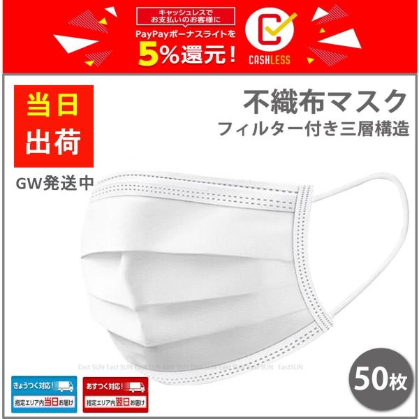 マスク 50枚  在庫あり 不織布マスク 使い捨て プリーツ立体三層構造 フィルター付き 普通サイズ...