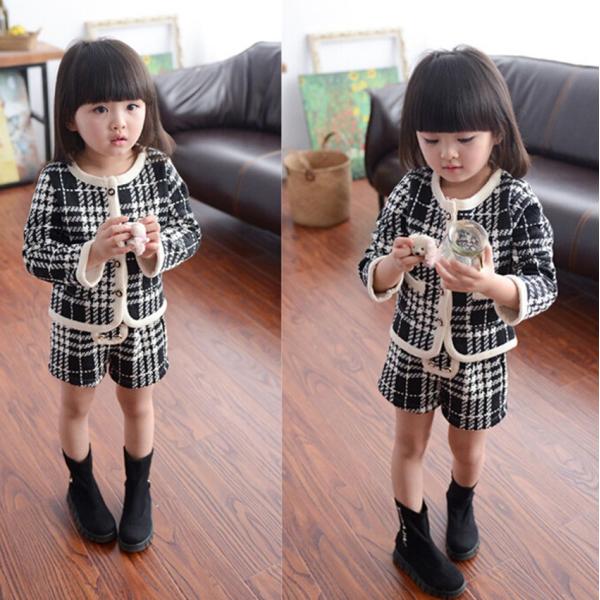 子供服　千鳥柄　2点セット　セットアップ　コート+短ズボン　女の子　可愛い　長袖　　キッズ　韓国
