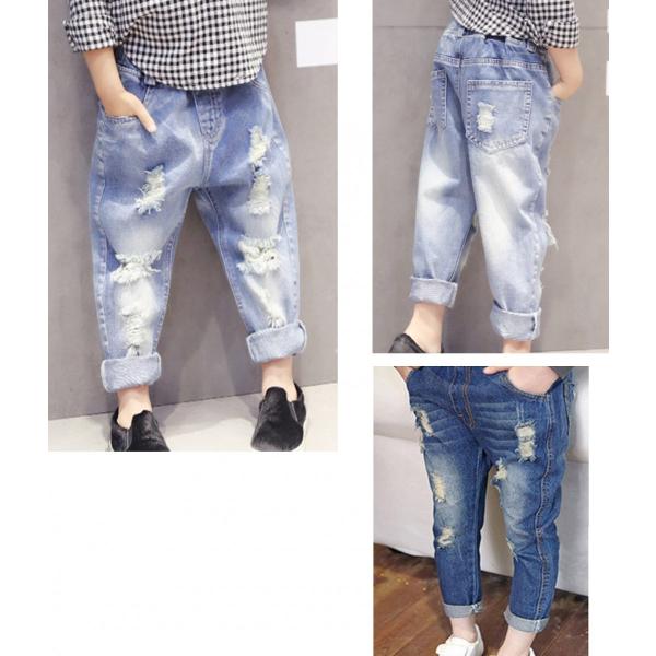再入荷 即完売　ダメージデニムパンツ　デニム　子供服　男女兼用　定番キッズジーンズ　