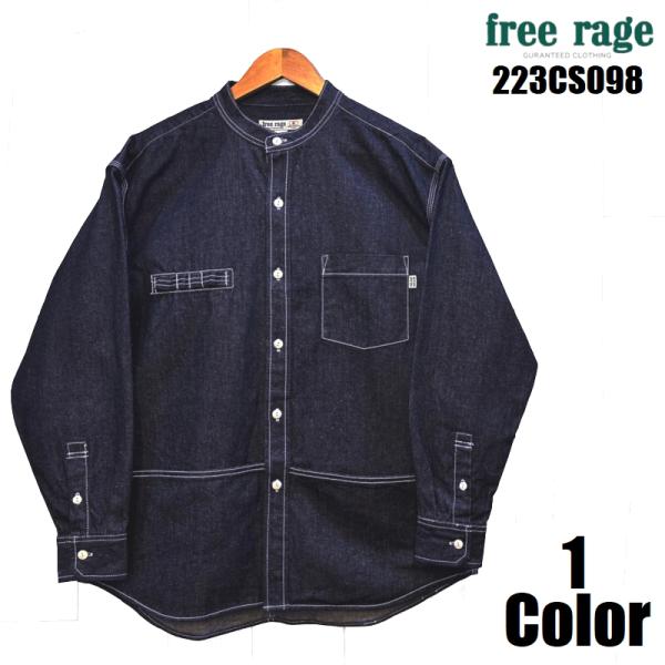 フリーレイジ &apos;PLAY WORK&apos;ノーカラーデニムシャツ FREE RAGE EASY NAVY ...