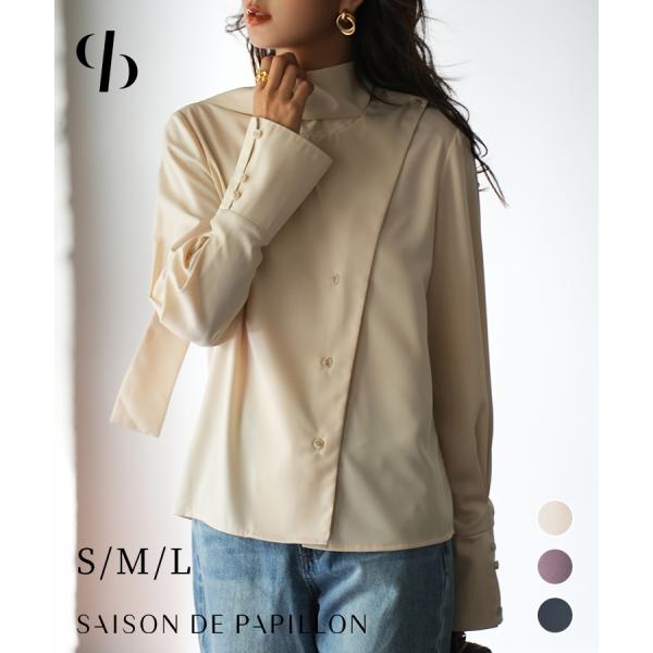 ブラウス シャツ レディース 春 秋 秋冬 長袖 リボン 襟付き 立ち襟 タック タイ ボウタイ ス...