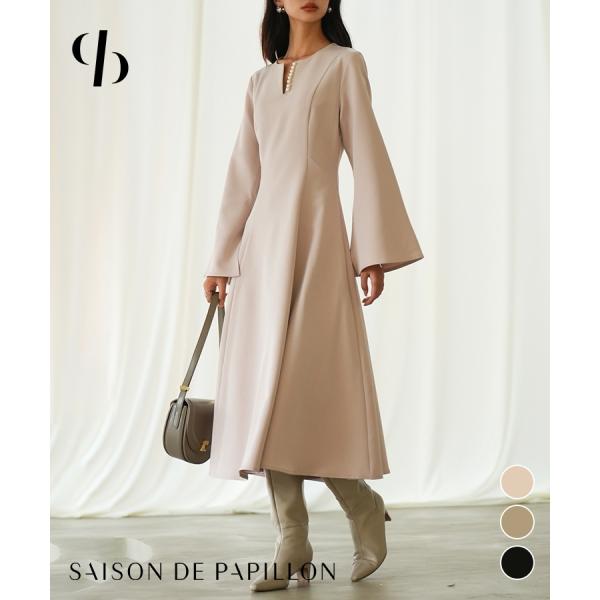 ワンピース レディース フレアワンピース 長袖 ミモレ丈 スリットスリーブ キーネック 細見え パー...