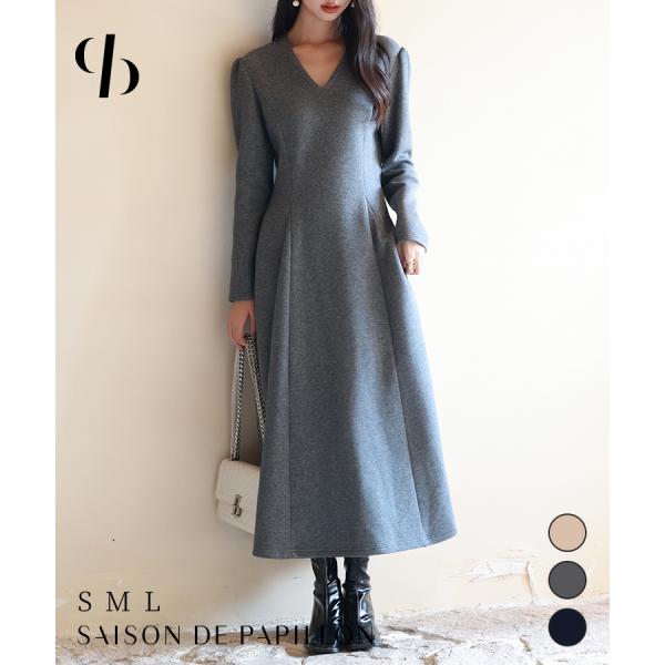 ワンピース レディース ゴアードワンピース Vネック ロング 膝下 フレアー ファスナー付き きれい...