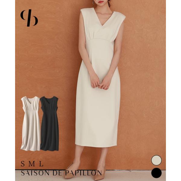 ワンピース レディース Vネックワンピース 深めVネック タイトシルエット ミモレ丈 ウエストマーク...